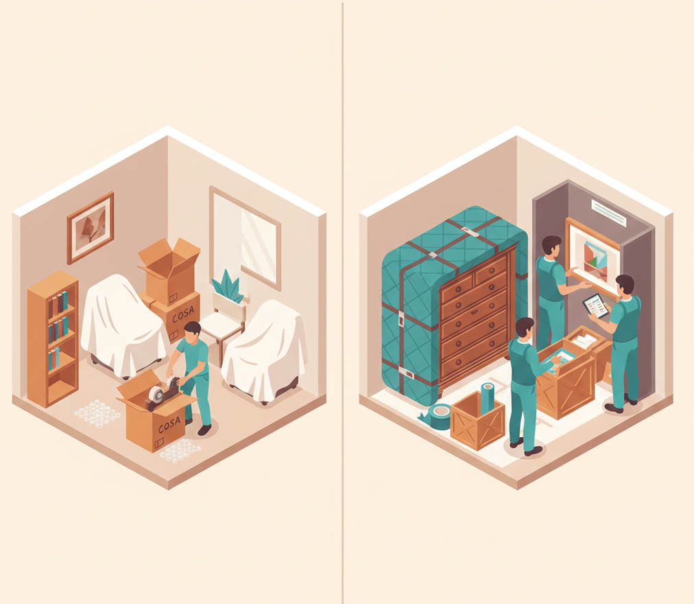 Vivienda con zona de mudanza económica junto a área de mudanza de alta gama mostrando dos niveles de servicio.