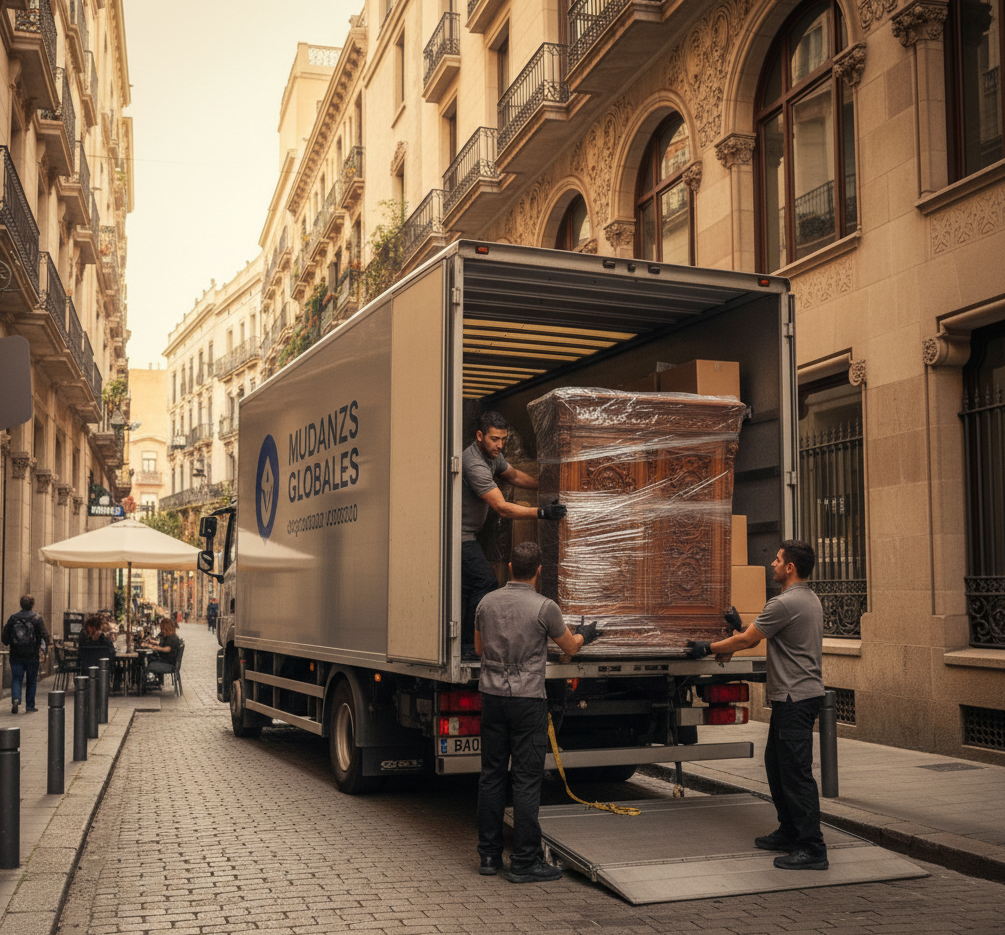 Equipo de mudanzas cargando un camión en una calle estrecha de Barcelona.