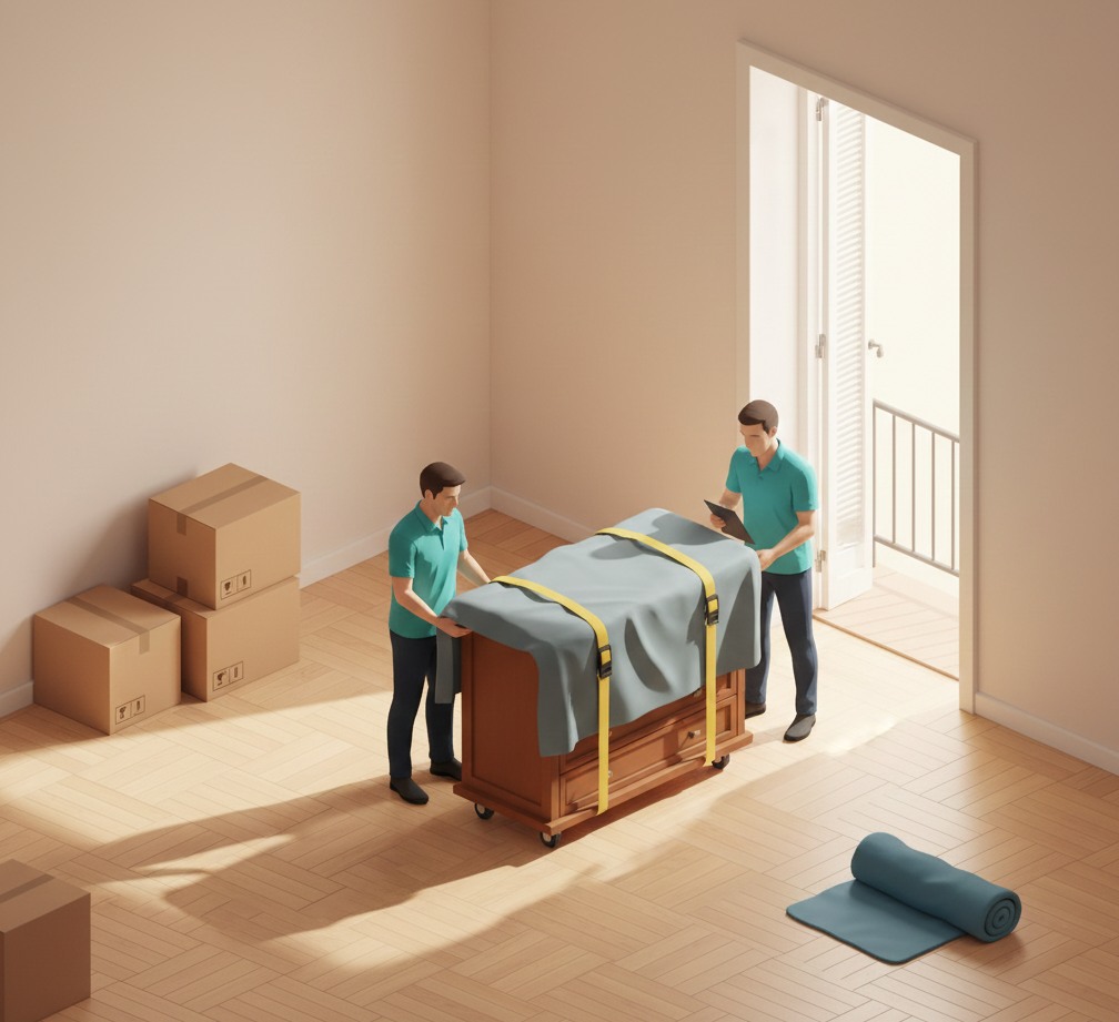 Equipo retirando un mueble grande en un piso de Barcelona para un servicio de recogida.