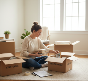 Persona preparando cajas y organizando objetos en casa antes de una mudanza económica.