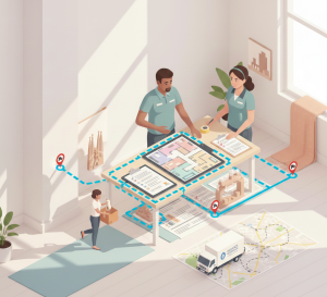 Plano isométrico de Barcelona con ruta optimizada para una mudanza.