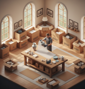 Operario embalando objetos frágiles con materiales profesionales en un interior ordenado.