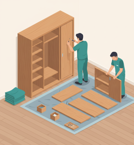 écnicos desmontando un armario de forma segura con herramientas adecuadas.