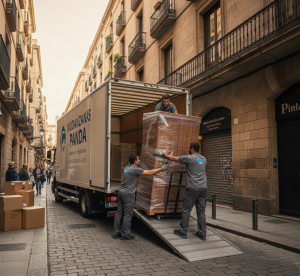 Vehículo autorizado cargando muebles protegidos durante la recogida en Barcelona.