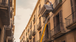 Elevador de mudanzas subiendo muebles por la fachada de un edificio estrecho en Barcelona.
