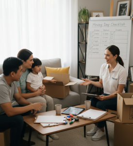 Profesional asesorando a un cliente sobre la organización de una mudanza.