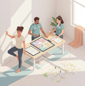 Equipo de mudanzas revisando un plan logístico digital con rutas y materiales.